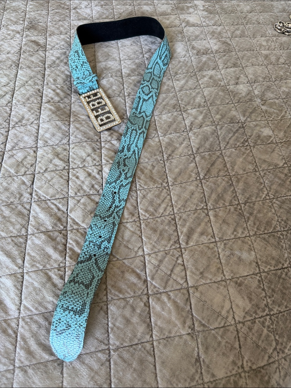 bebe Crystal-Embellished Logo Buckle in Turquoise Accent